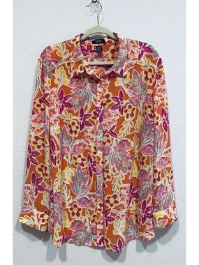 Chaps Top Womens 3X Vibrant Floral Button Up Long Sleeve Chiffon Artsy Boho